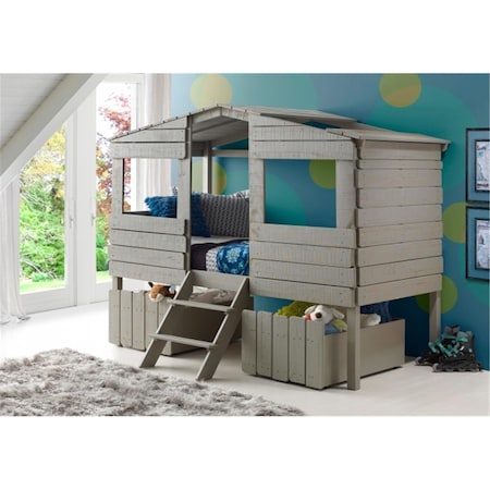 Donco Kids Twin Size Tree House Loft Bed with Under Bed Drawers, Rustic Grey PD_1380TLRG_1381